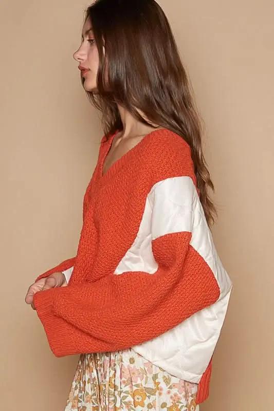 POL Cable Knit Quilting Patch V-Neck Contrast Sweater - Love Salve